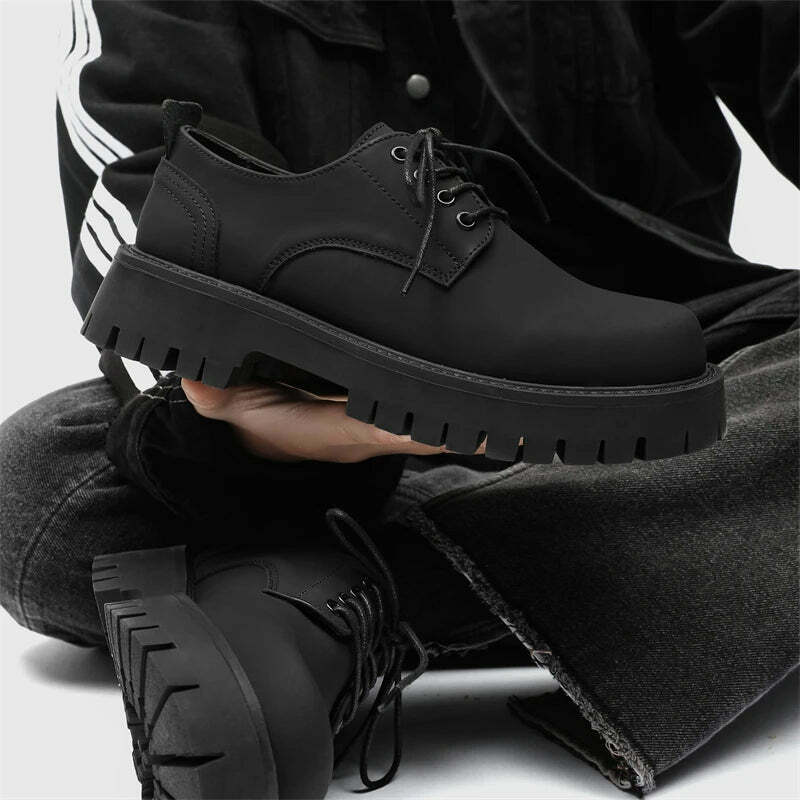 Y2K Aesthetic Matte Black Chunky Derby Shoes - Coquette Style Grunge Fashion Statement Y2K Aesthetic Matte Black Chunky Derby Shoes - Coquette Style Grunge Fashion Statement