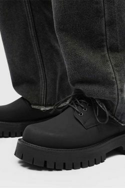 Y2K Aesthetic Matte Black Chunky Derby Shoes - Coquette Style Grunge Fashion Statement