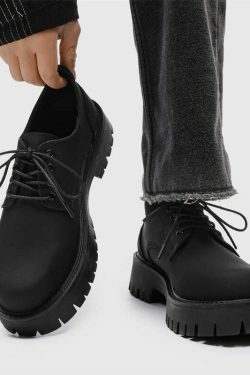Y2K Aesthetic Matte Black Chunky Derby Shoes - Coquette Style Grunge Fashion Statement