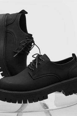 Y2K Aesthetic Matte Black Chunky Derby Shoes - Coquette Style Grunge Fashion Statement