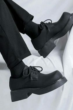 Y2K Aesthetic Matte Black Chunky Derby Shoes for Women - Coquette Style Grunge Fashion