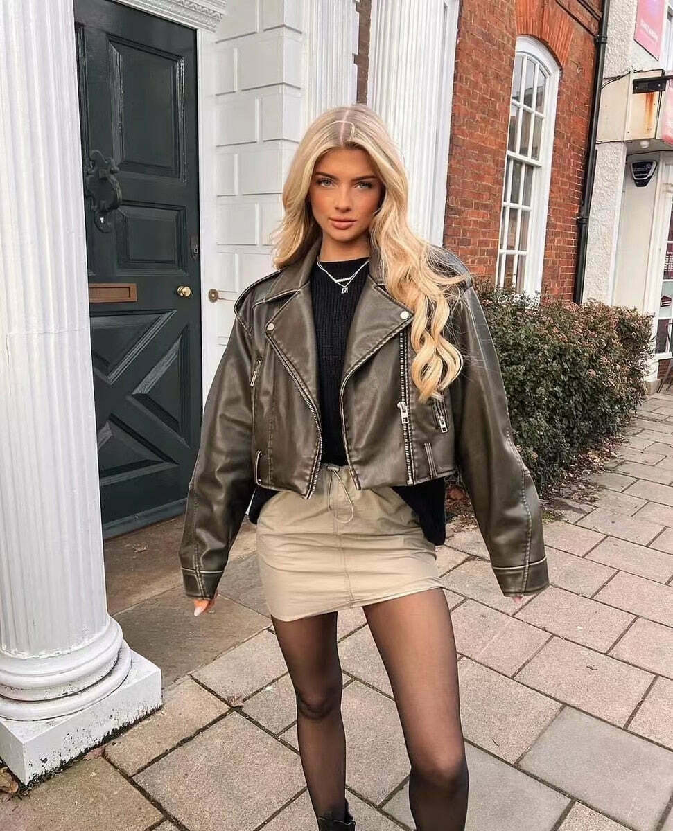 Y2K Aesthetic Maven Faux Leather Jacket - Coquette Grunge with Old Money Elegance Y2K Aesthetic Maven Faux Leather Jacket - Coquette Grunge with Old Money Elegance