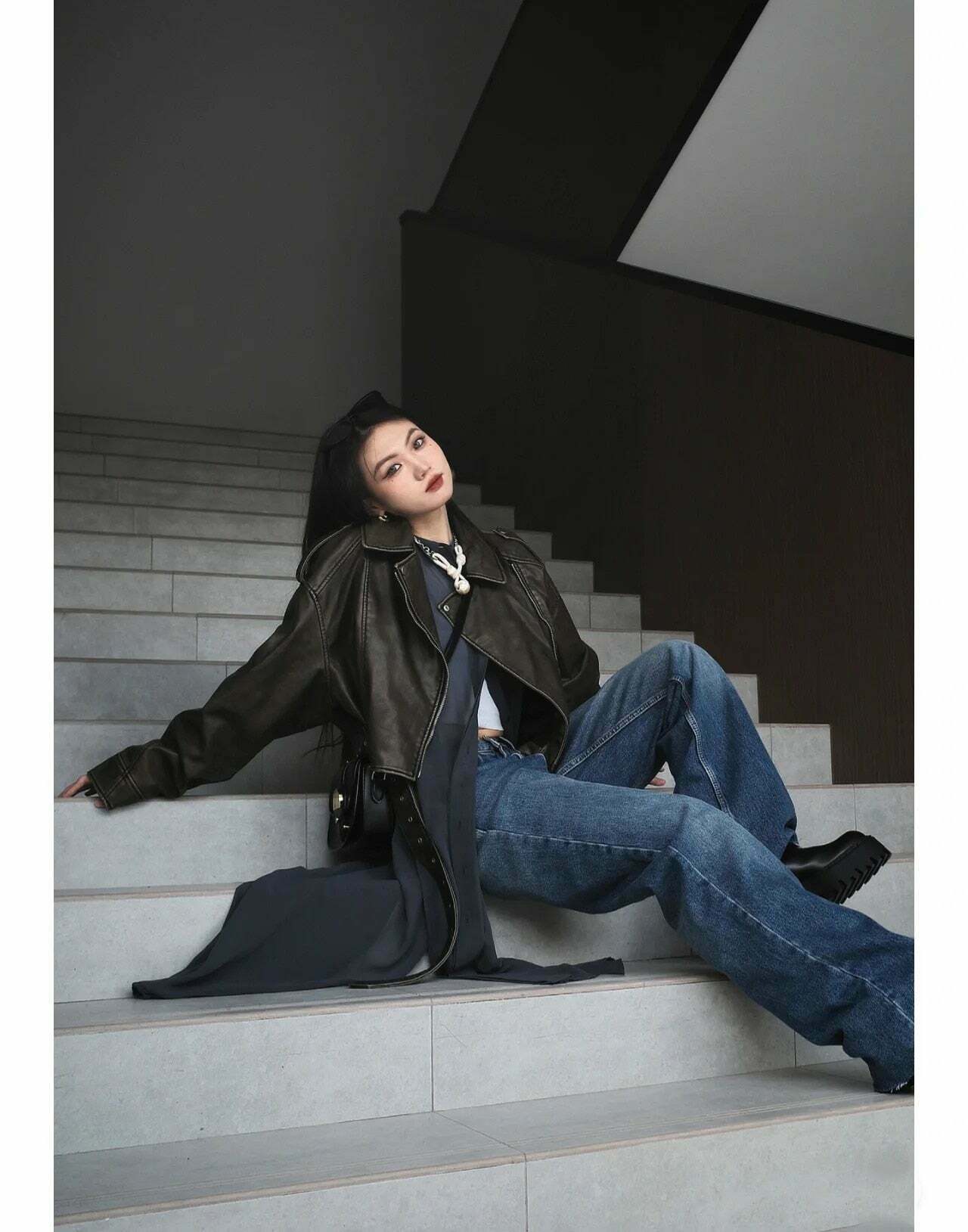 Y2K Aesthetic Maven Faux Leather Jacket - Coquette Grunge with Old Money Elegance Y2K Aesthetic Maven Faux Leather Jacket - Coquette Grunge with Old Money Elegance