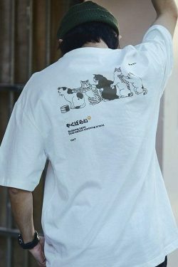 Y2K Aesthetic Men's Kitten Short Sleeve Tee - Coquette Style Grunge Fashion Cute Tops