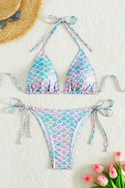 Y2K Aesthetic Mermaid Print Halter Swimsuit - Coquette Fashion with Grunge & Pastel Goth Vibes