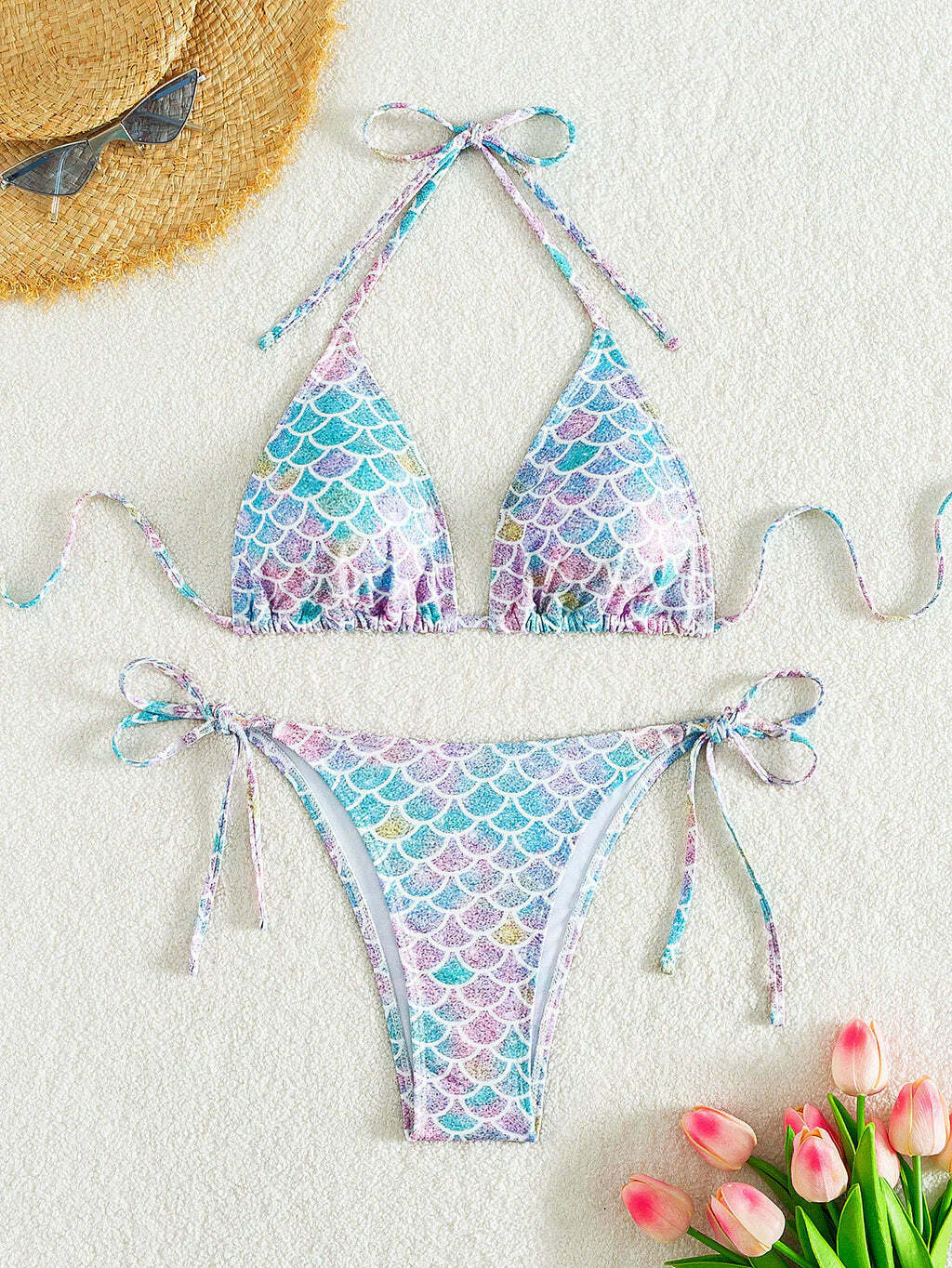 Y2K Aesthetic Mermaid Print Halter Swimsuit - Coquette Fashion with Grunge & Pastel Goth Vibes