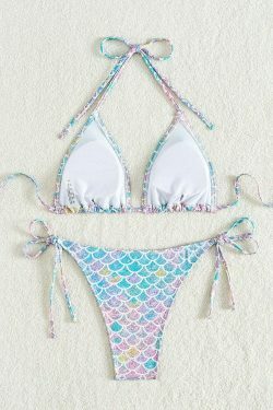 Y2K Aesthetic Mermaid Print Halter Swimsuit - Coquette Fashion with Grunge & Pastel Goth Vibes