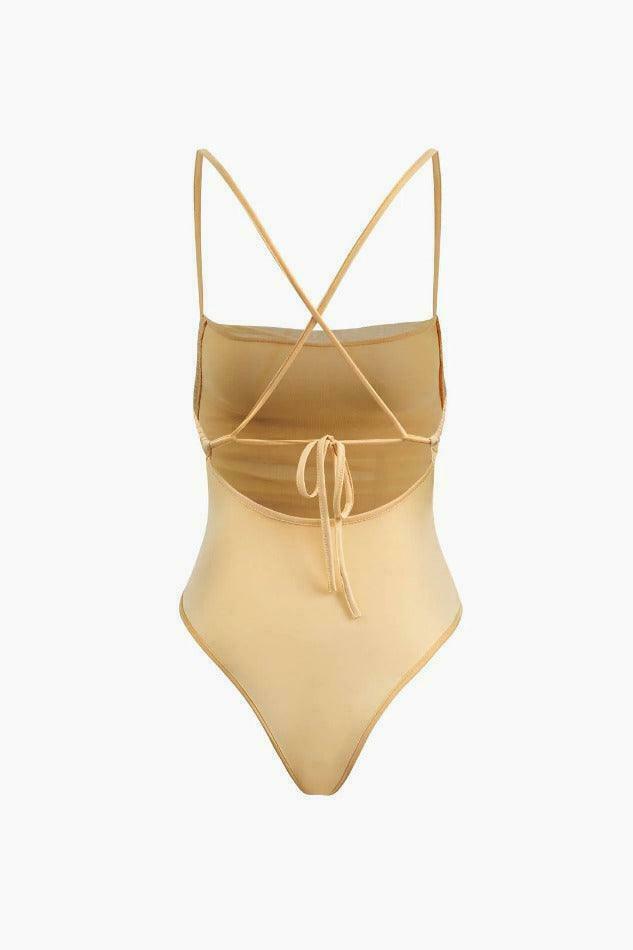 Y2K Aesthetic Mesh Bodysuit with Cross Tie Straps - Coquette & Grunge Style Women's Fashion