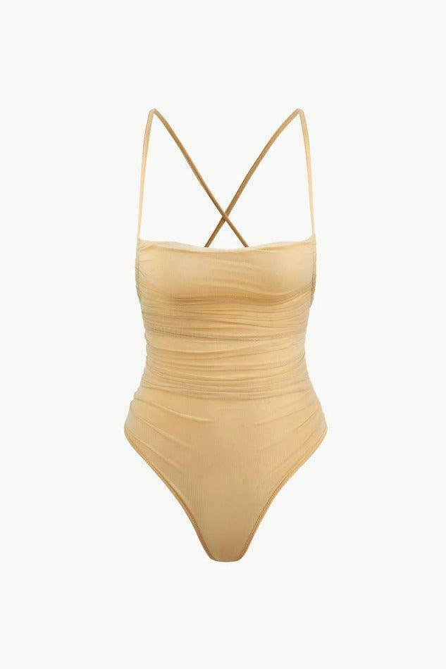 Y2K Aesthetic Mesh Bodysuit with Cross Tie Straps - Coquette & Grunge Style Women's Fashion