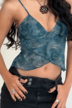 Y2K Aesthetic Mesh Crop Cami: Coquette Grunge Style - Cute Tops, Past