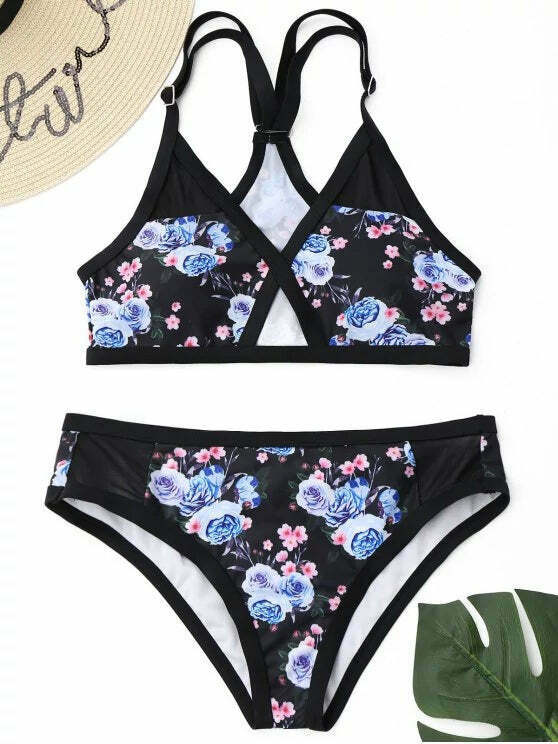 Y2K Aesthetic Mesh Panel Floral Bikini Set - Coquette Grunge Style for Women Y2K Aesthetic Mesh Panel Floral Bikini Set - Coquette Grunge Style for Women