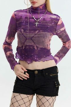 Y2K Aesthetic Mesh Print Long Sleeve Tee for Women - Coquette Grunge Style Fashion Top