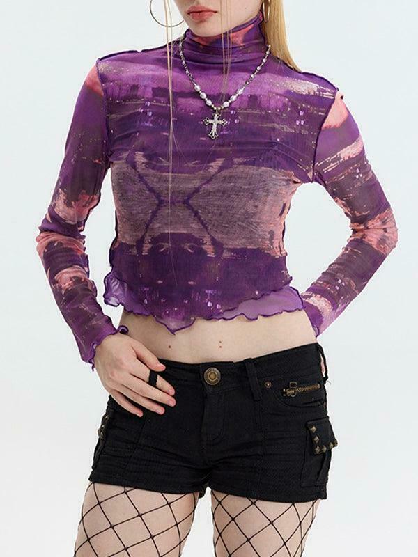 Y2K Aesthetic Mesh Print Long Sleeve Tee for Women - Coquette Grunge Style Fashion Top Y2K Aesthetic Mesh Print Long Sleeve Tee for Women - Coquette Grunge Style Fashion Top