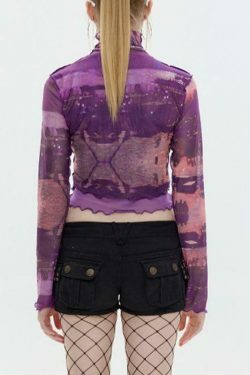 Y2K Aesthetic Mesh Print Long Sleeve Tee for Women - Coquette Grunge Style Fashion Top