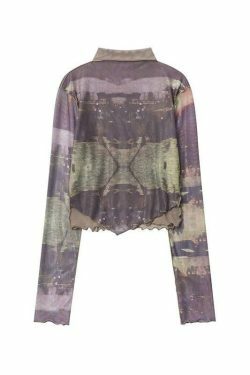 Y2K Aesthetic Mesh Print Long Sleeve Tee for Women - Coquette Grunge Style Fashion Top
