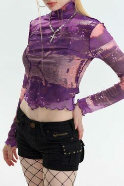 Y2K Aesthetic Mesh Print Long Sleeve Tee for Women - Coquette Grunge Style Fashion Top