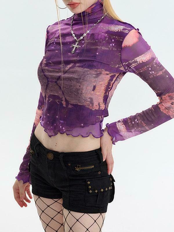 Y2K Aesthetic Mesh Print Long Sleeve Tee for Women - Coquette Grunge Style Fashion Top Y2K Aesthetic Mesh Print Long Sleeve Tee for Women - Coquette Grunge Style Fashion Top