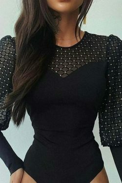 Y2K Aesthetic Mesh Stitching Long-Sleeved Bodysuit for Women - Coquette Grunge Style Fashion