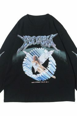 Y2K Aesthetic Metal Graphic Long Sleeve T-Shirt for Women - Coquette & Grunge Style Fashion