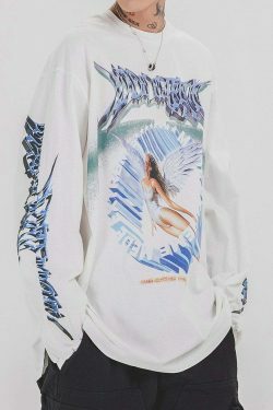 Y2K Aesthetic Metal Graphic Long Sleeve T-Shirt for Women - Coquette & Grunge Style Fashion