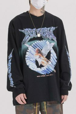 Y2K Aesthetic Metal Graphic Long Sleeve T-Shirt for Women - Coquette & Grunge Style Fashion