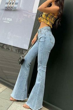 Y2K Aesthetic Mid Rise Flared Jeans with Frayed Hem
