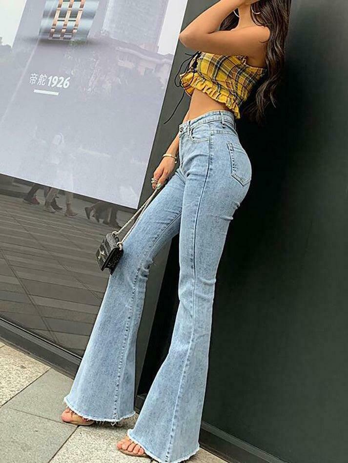 Y2K Aesthetic Mid Rise Flared Jeans with Frayed Hem Y2K Aesthetic Mid Rise Flared Jeans with Frayed Hem