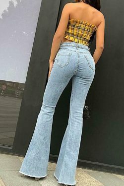 Y2K Aesthetic Mid Rise Flared Jeans with Frayed Hem