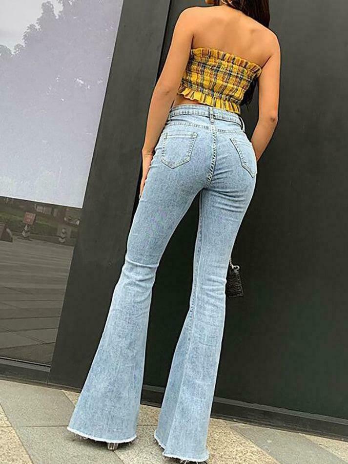 Y2K Aesthetic Mid Rise Flared Jeans with Frayed Hem Y2K Aesthetic Mid Rise Flared Jeans with Frayed Hem