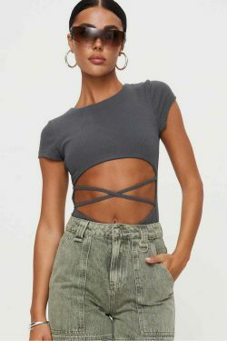 Y2K Aesthetic Middle Strap Hollow Bodysuit for Women - Coquette & Grunge Style Fashion