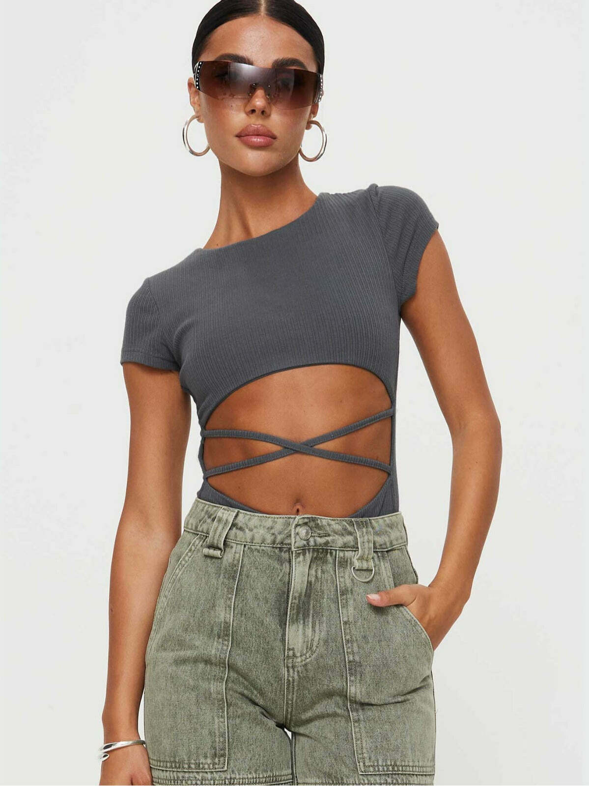 Y2K Aesthetic Middle Strap Hollow Bodysuit for Women - Coquette & Grunge Style Fashion Y2K Aesthetic Middle Strap Hollow Bodysuit for Women - Coquette & Grunge Style Fashion