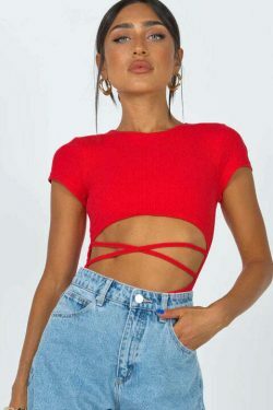 Y2K Aesthetic Middle Strap Hollow Bodysuit for Women - Coquette & Grunge Style Fashion