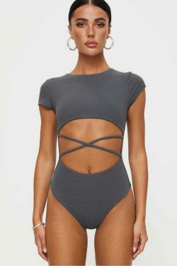 Y2K Aesthetic Middle Strap Hollow Bodysuit for Women - Coquette & Grunge Style Fashion