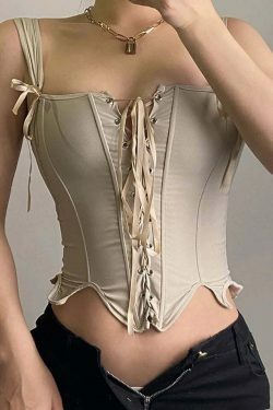 Y2K Aesthetic Mingle Beans Tie-Up Bustier - Coquette Grunge Pastel Goth