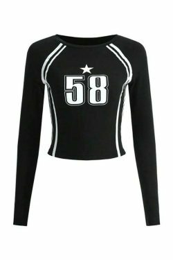 Y2K Aesthetic Number Print Cropped Long Sleeve Tee