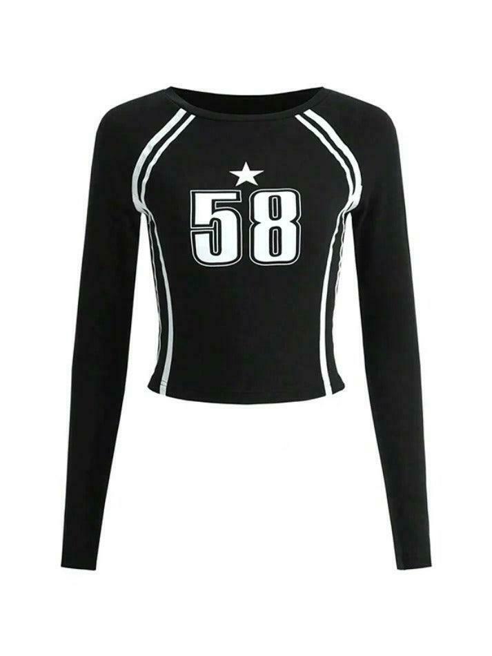 Y2K Aesthetic Number Print Cropped Long Sleeve Tee Y2K Aesthetic Number Print Cropped Long Sleeve Tee