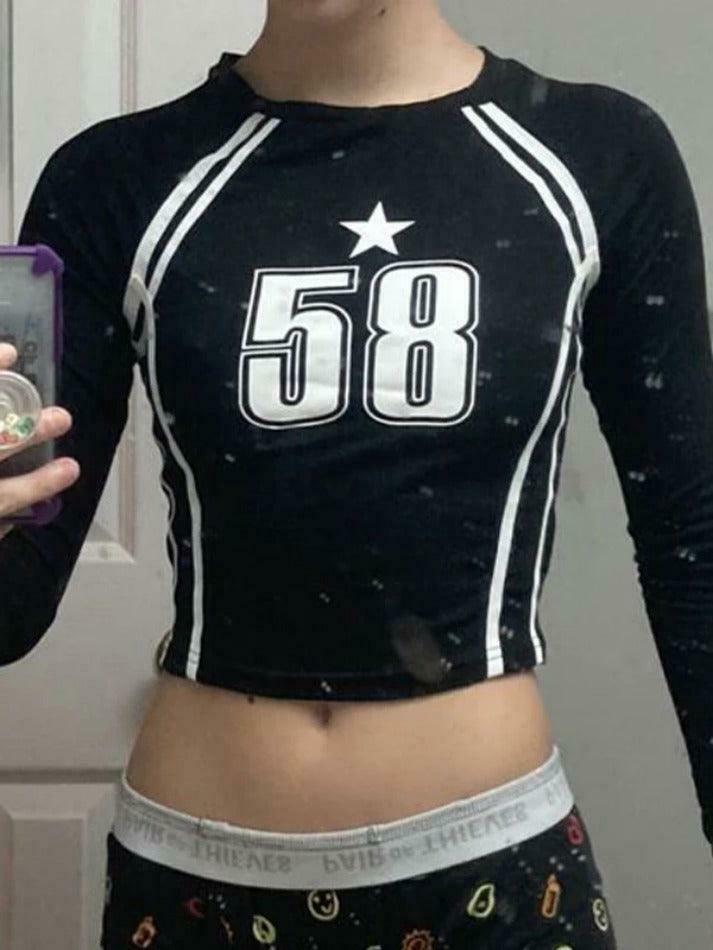 Y2K Aesthetic Number Print Cropped Long Sleeve Tee Y2K Aesthetic Number Print Cropped Long Sleeve Tee