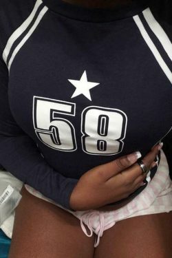 Y2K Aesthetic Number Print Cropped Long Sleeve Tee