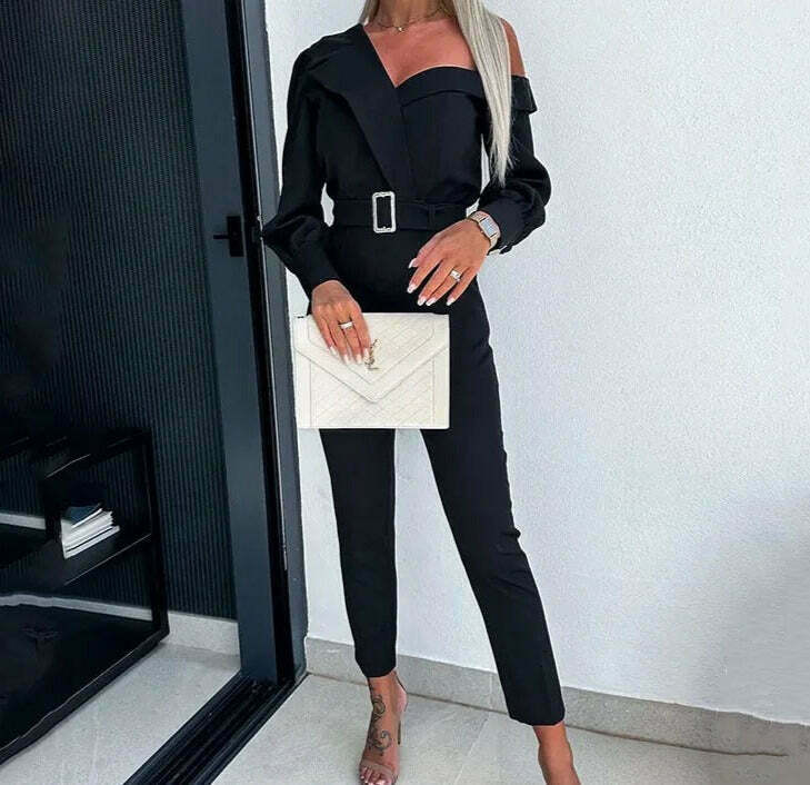 Y2K Aesthetic Oblique Shoulder Jumpsuit with Waist Detail - Coquette Fashion for Women Y2K Aesthetic Oblique Shoulder Jumpsuit with Waist Detail - Coquette Fashion for Women