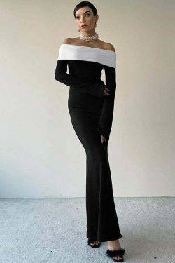 Y2K Aesthetic Off-Shoulder Long Dress - Coquette Style Grunge Fashion with Pastel Goth Vibes