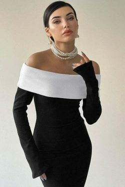 Y2K Aesthetic Off-Shoulder Long Dress - Coquette Style Grunge Fashion with Pastel Goth Vibes