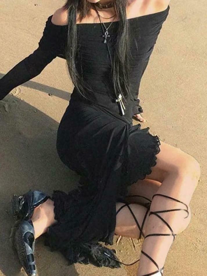 Y2K Aesthetic Off-Shoulder Maxi Dress with Ruffle Detail and High Slit Y2K Aesthetic Off-Shoulder Maxi Dress with Ruffle Detail and High Slit