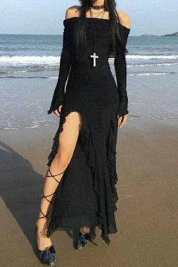 Y2K Aesthetic Off-Shoulder Maxi Dress with Ruffle Detail and High Slit