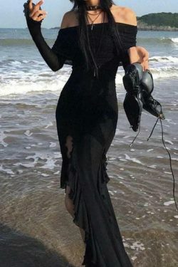 Y2K Aesthetic Off-Shoulder Maxi Dress with Ruffle Detail and High Slit