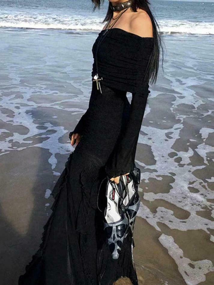 Y2K Aesthetic Off-Shoulder Maxi Dress with Ruffle Detail and High Slit Y2K Aesthetic Off-Shoulder Maxi Dress with Ruffle Detail and High Slit