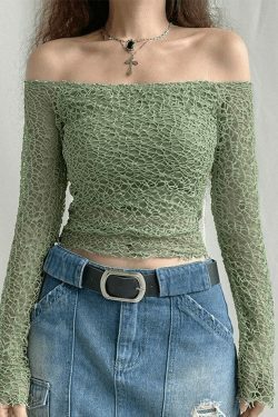 Y2K Aesthetic Off-Shoulder Mesh Long Sleeve Blouse