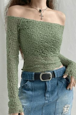 Y2K Aesthetic Off-Shoulder Mesh Long Sleeve Blouse