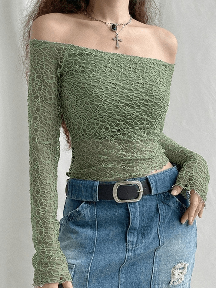 Y2K Aesthetic Off-Shoulder Mesh Long Sleeve Blouse Y2K Aesthetic Off-Shoulder Mesh Long Sleeve Blouse
