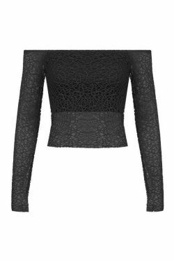 Y2K Aesthetic Off-Shoulder Mesh Long Sleeve Blouse