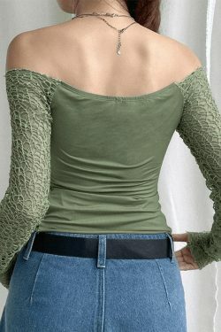 Y2K Aesthetic Off-Shoulder Mesh Long Sleeve Blouse